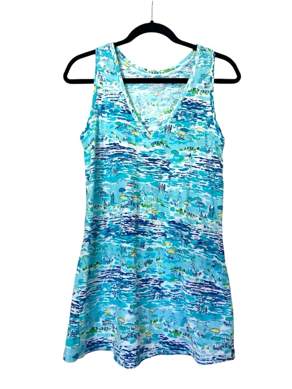 Lilly Pulitzer High Tide Toile Beach Print V Neck Swing Tank Womens Large Blue